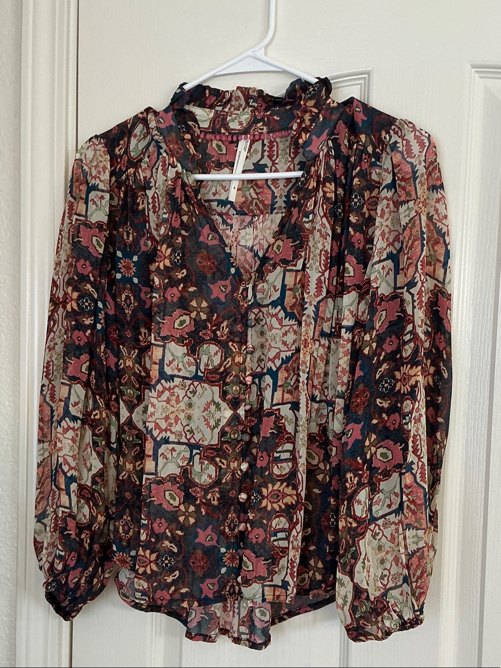 Anthropologie Sheer Floral-Print Ruffled Button Blouse - Navy, Pink, Cream